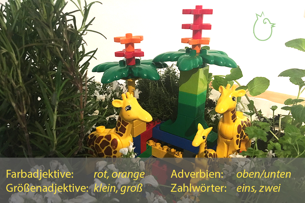 Sprachimpuls mit der Sprachspinat "Wupf" Wurm-Pflanzen-Kiste mit gebrauchten Legosteinen und Tierfiguren