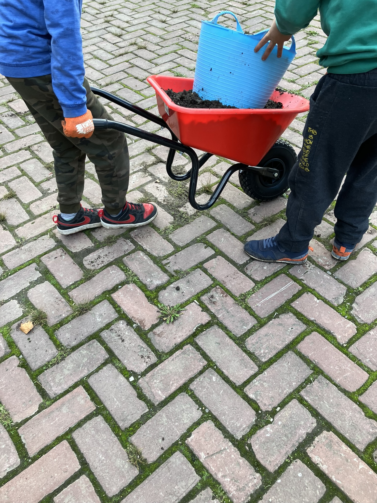 Die JuZe-Garten-AG am Werk - mit gespendeten Schubkarren und Eimern