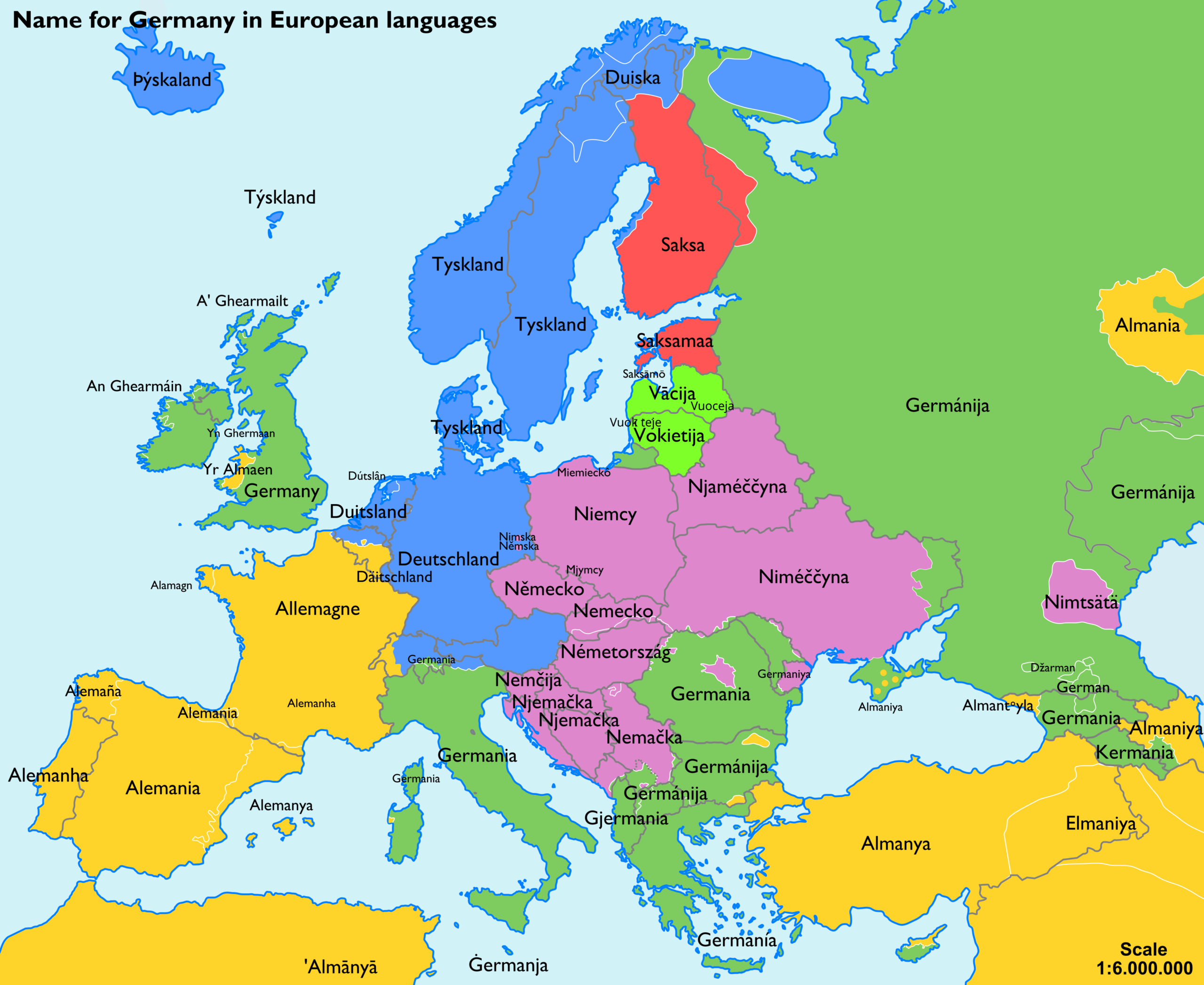 Abb. 2: Namen für "Deutschland" in anderen europäischen Sprachen (ArnoldPlaton, German translation by Furfur, CC BY-SA 3.0 <https://creativecommons.org/licenses/by-sa/3.0>, via Wikimedia Commons , https://upload.wikimedia.org/wikipedia/commons/f/f9/Germany_Name_European_Languages_de.svg)
