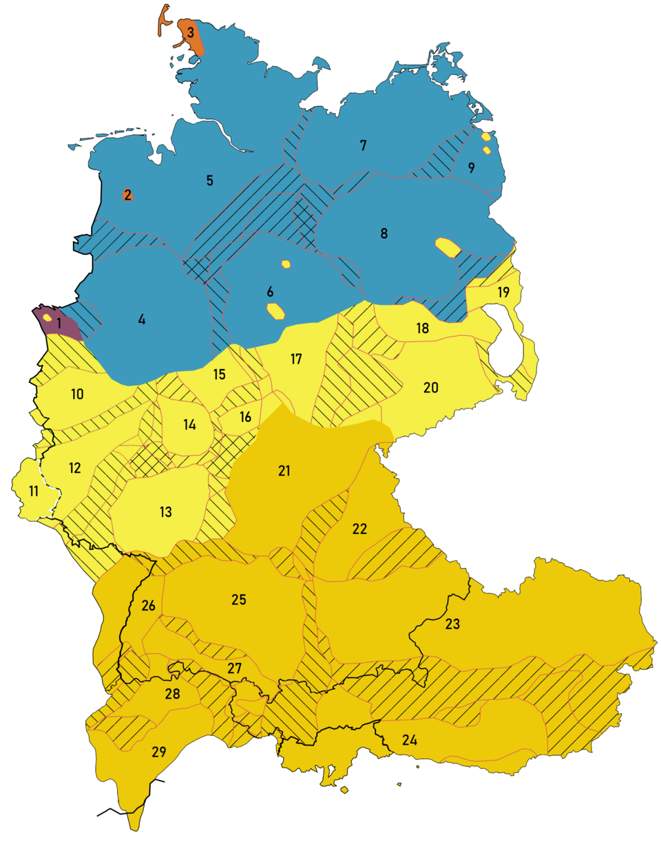 Abb. 4: Karte deutscher Dialekte nach Wiesinger (Vlaemink, CC BY-SA 4.0 <https://creativecommons.org/licenses/by-sa/4.0, via Wikimedia Commons)