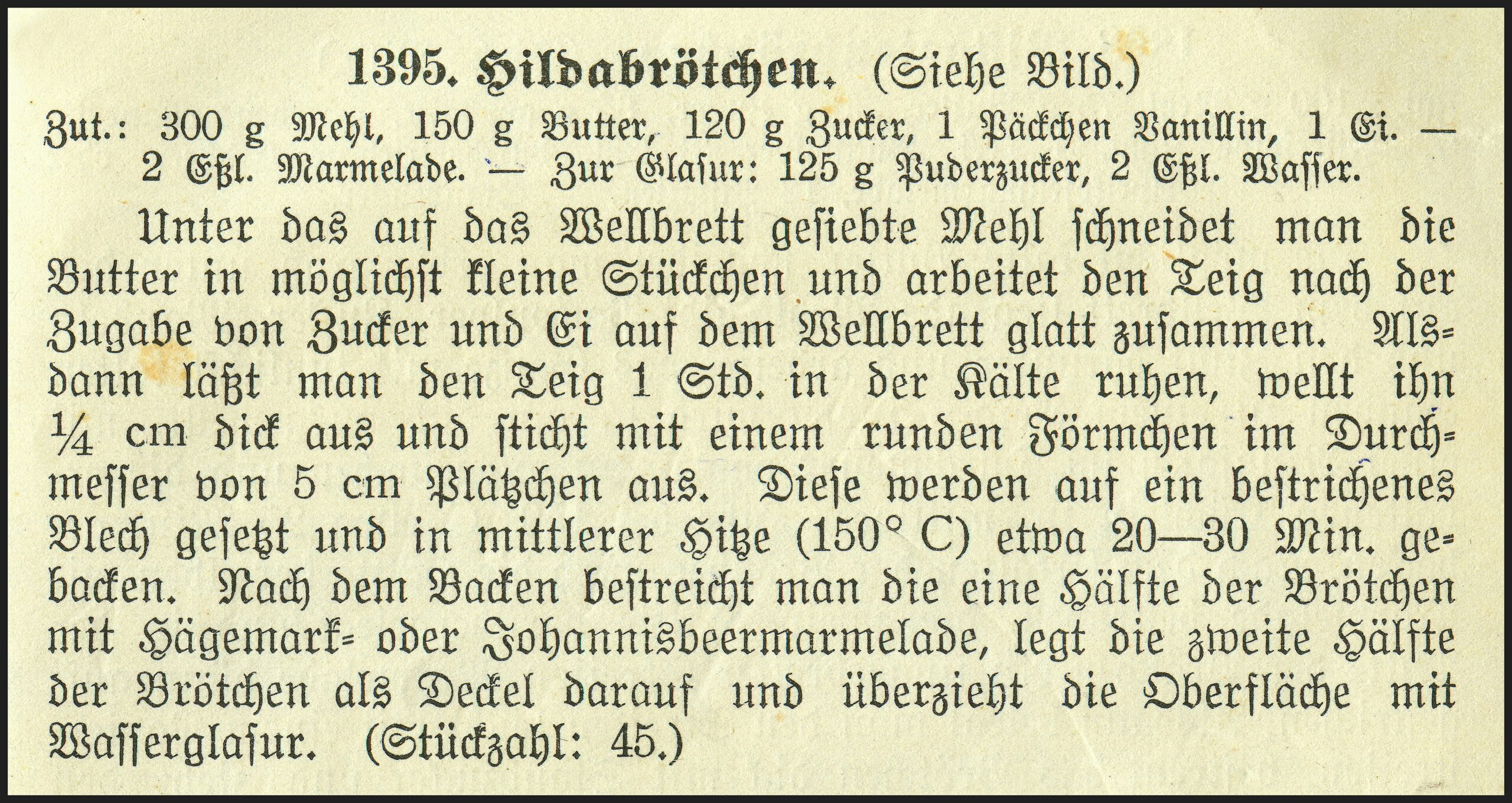 Rezept für Hildabrötchen aus dem 1930 erschienenen Kochbuch für Koch- und Haushaltungsschulen (13. Auflage, S. 509) (Schnobby, CC BY-SA 4.0 <https://creativecommons.org/licenses/by-sa/4.0>, via Wikimedia Commons; https://commons.wikimedia.org/wiki/File:Hildabr%C3%B6tchen.jpg)
