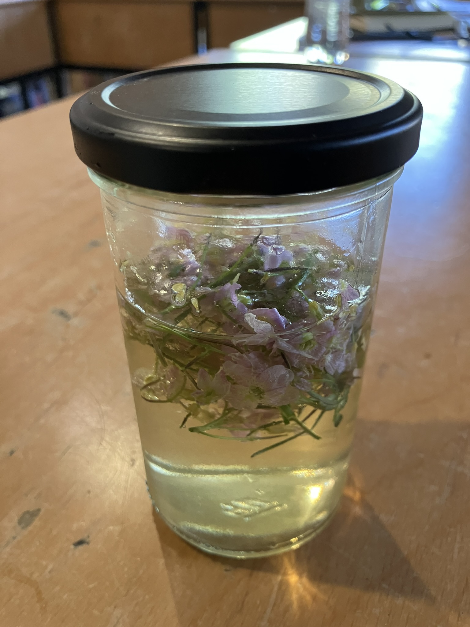 Frisch angesetzter Kräuteressig mit Wiesenschaumkraut (wird leicht pink)